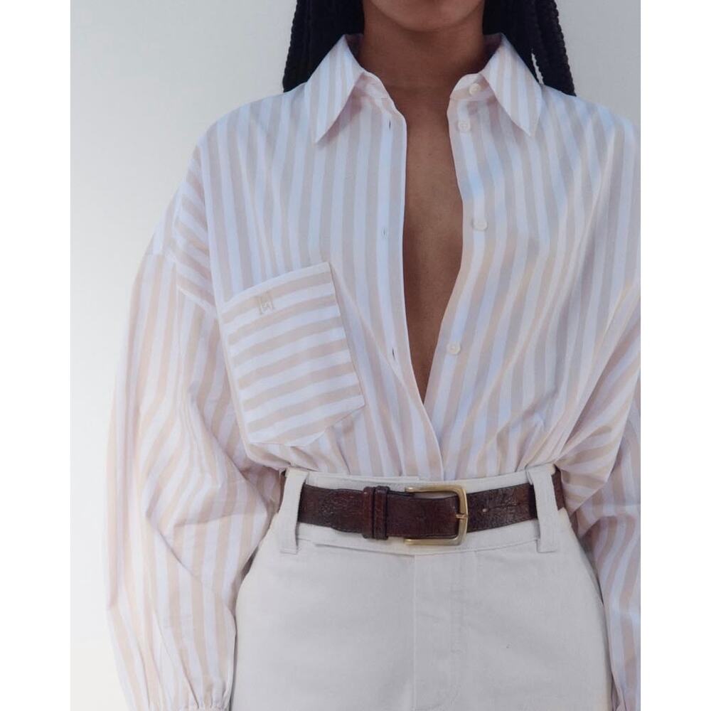 Helsa Cotton Poplin Striped Oversized Button Front Shirt Top Beige Stripe OS - Picture 3 of 13